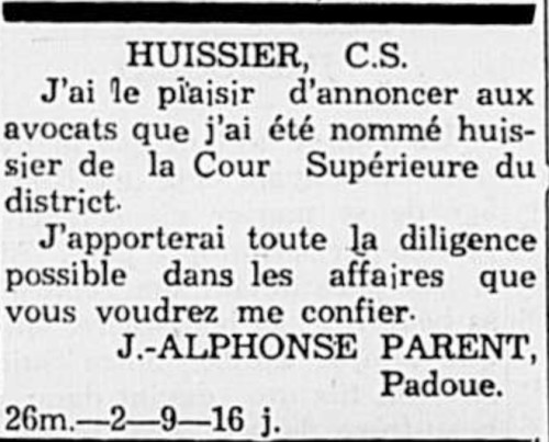 J. Alphonse Parent nommé huissier